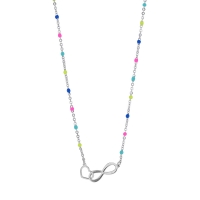Collier trèfle et coeur entrelacés, chaîne boules émail de couleurs, argent 925/1000 platiné