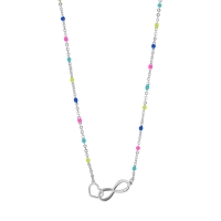 Collier trèfle et coeur entrelacés, chaîne boules émail de couleurs, argent 925/1000 platiné