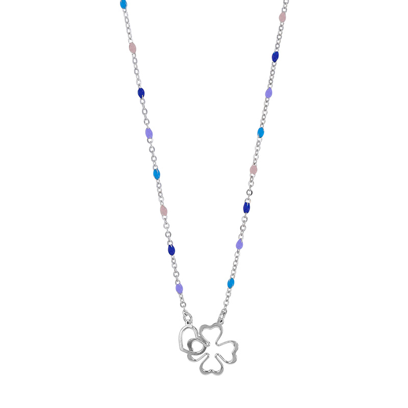 Collier trèfle et coeur entrelacés, chaîne boules émail de couleurs, argent 925/1000 platiné