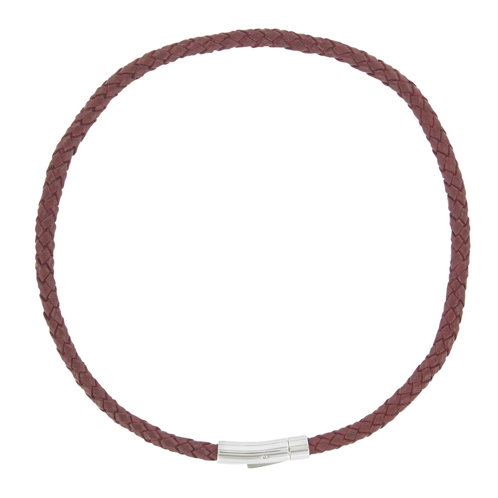 Collier tressé en cuir de bovin bordeaux avec fermoir aimanté