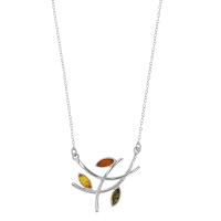 Collier trois ambres en forme d'amande tricolore, en argent rhodié 925/1000 entrelacé