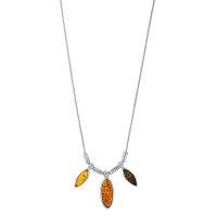 Collier trois ambres en forme d'amande tricolore et argent 925/1000  rhodié