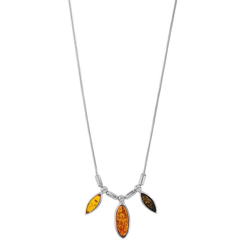 Collier trois ambres en forme d'amande tricolore et argent 925/1000  rhodié
