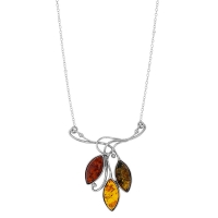 Collier trois ambres marron, cognac, et vert en forme d'amande, argent 925/1000 rhodié