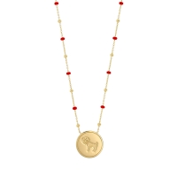 Collier zodiaque Bélier, chaîne boules dorées et émail rouge, argent 925/1000 doré