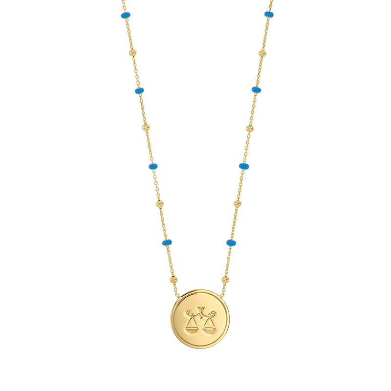 Collier zodiaque Bélier, chaîne boules dorées et émail rouge, argent 925/1000 doré