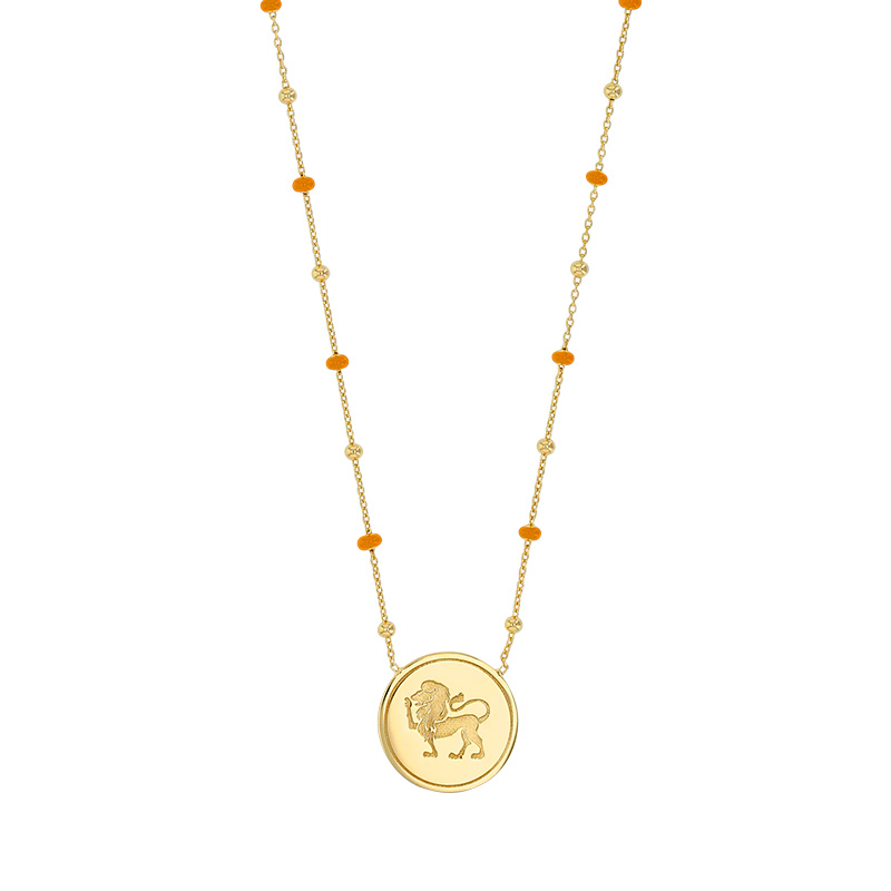 Collier zodiaque Bélier, chaîne boules dorées et émail rouge, argent 925/1000 doré