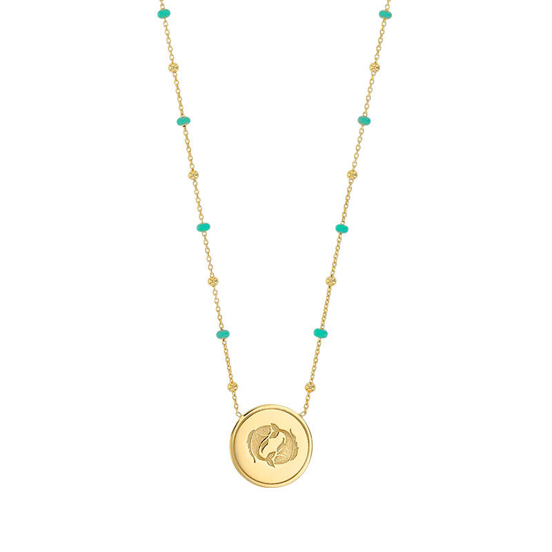 Collier zodiaque Bélier, chaîne boules dorées et émail rouge, argent 925/1000 doré
