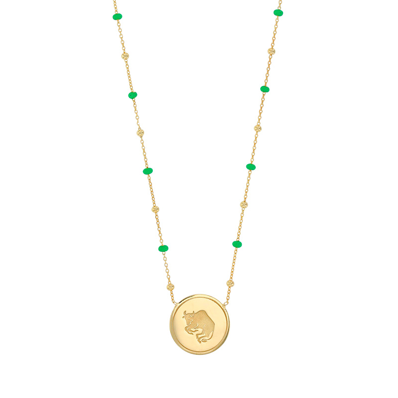 Collier zodiaque Bélier, chaîne boules dorées et émail rouge, argent 925/1000 doré