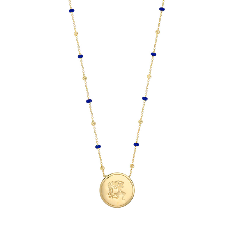Collier zodiaque Bélier, chaîne boules dorées et émail rouge, argent 925/1000 doré