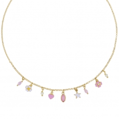 Colliers pampilles roses, fleurs en émail, coeur, goutte et perles en cristal, argent 925/1000 doré