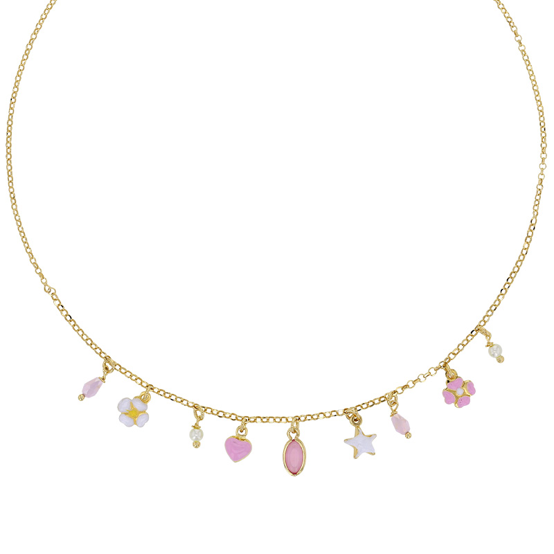 Colliers pampilles roses, fleurs en émail, coeur, goutte et perles en cristal, argent 925/1000 doré