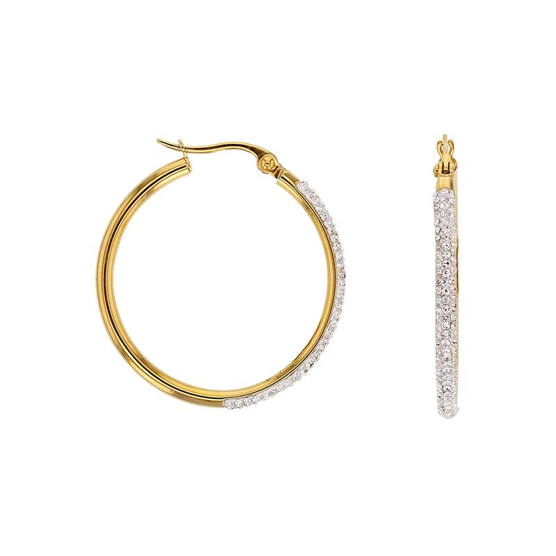Créoles acier doré pavées de cristaux blancs 30mm