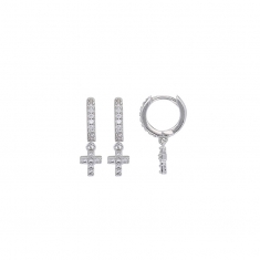 Créoles croix avec oxydes de zirconium, argent 925/1000 rhodié