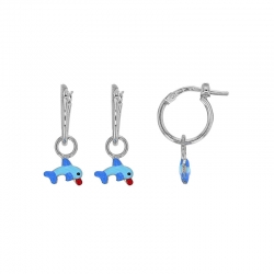Créoles dauphins, émaillées bleu, argent 925/1000 rhodié