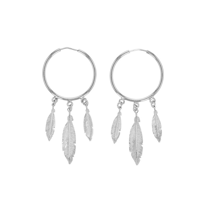 Créoles en argent 925/1000 rhodié INDIANA avec pendants en forme de plumes