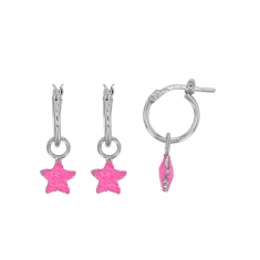 Créoles étoiles, émail fuchsia pailleté, argent 925/1000 rhodié