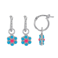 Créoles fleurs bleues et roses en émail et argent 925/1000 rhodié