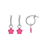 Créoles fleurs émail fuchsia en argent 925/1000 rhodié