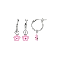 Créoles fleurs, émail rose clair, argent 925/1000 rhodié