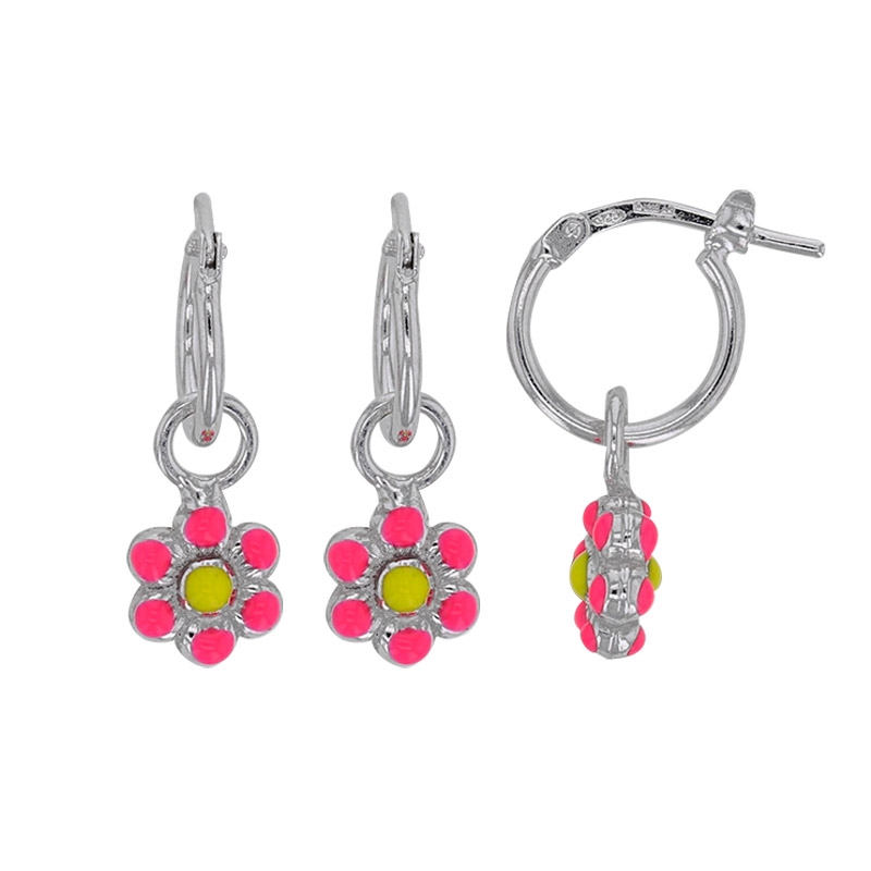 Créoles fleurs roses et jaunes en émail et argent 925/1000 rhodié