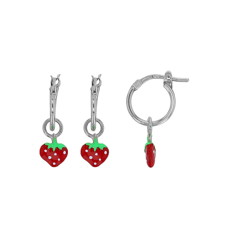 Créoles fraises émaillées, argent 925/1000 rhodié