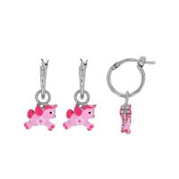 Créoles licornes, émail rose, argent 925/1000 rhodié