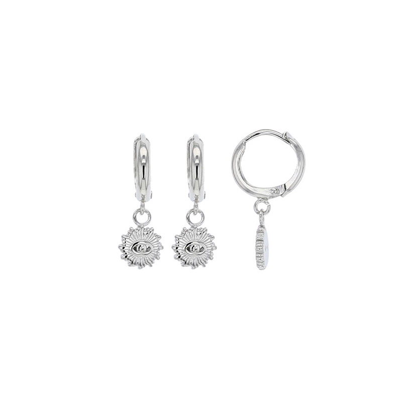 Créoles pampilles forme soleil avec oeil orné d'un oxyde, argent 925/1000 platiné