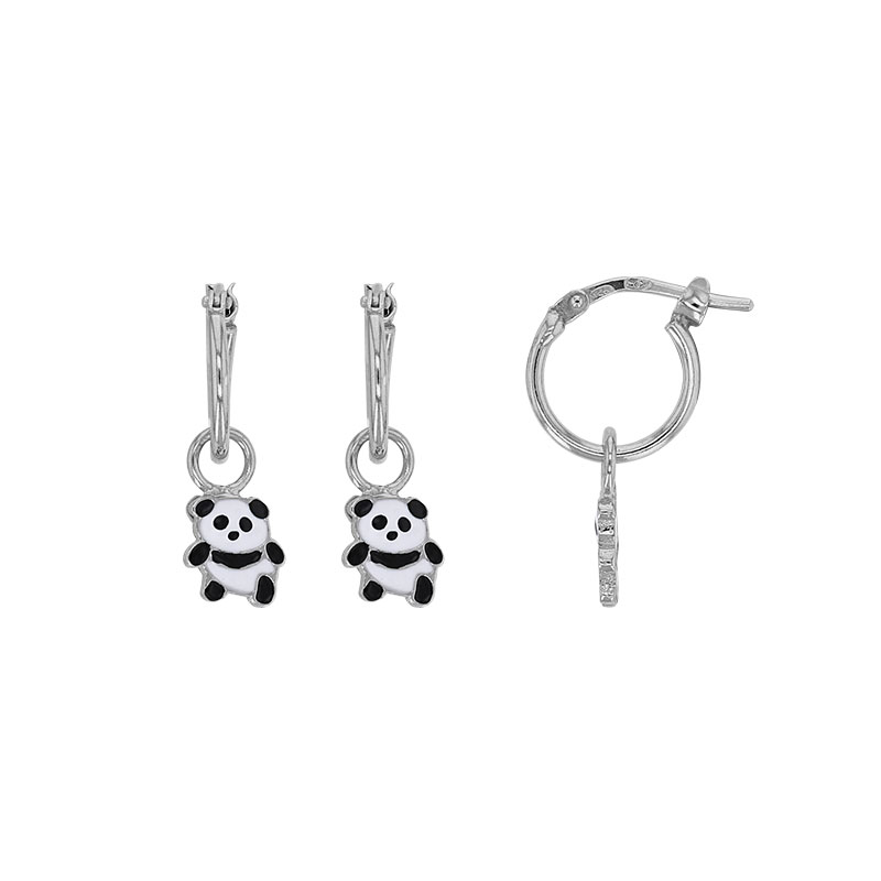 Créoles petits pandas émaillés, argent 925/1000 rhodié