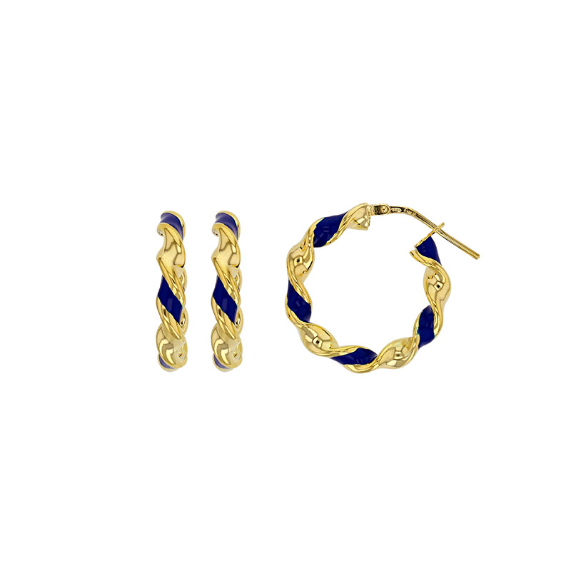 Créoles torsadées fil 4x2mm argent 925/1000 doré et émail bleu marine