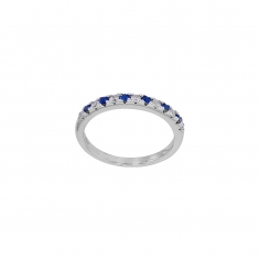 Demi-alliance oxydes blancs et bleu saphir, argent 925/1000 rhodié