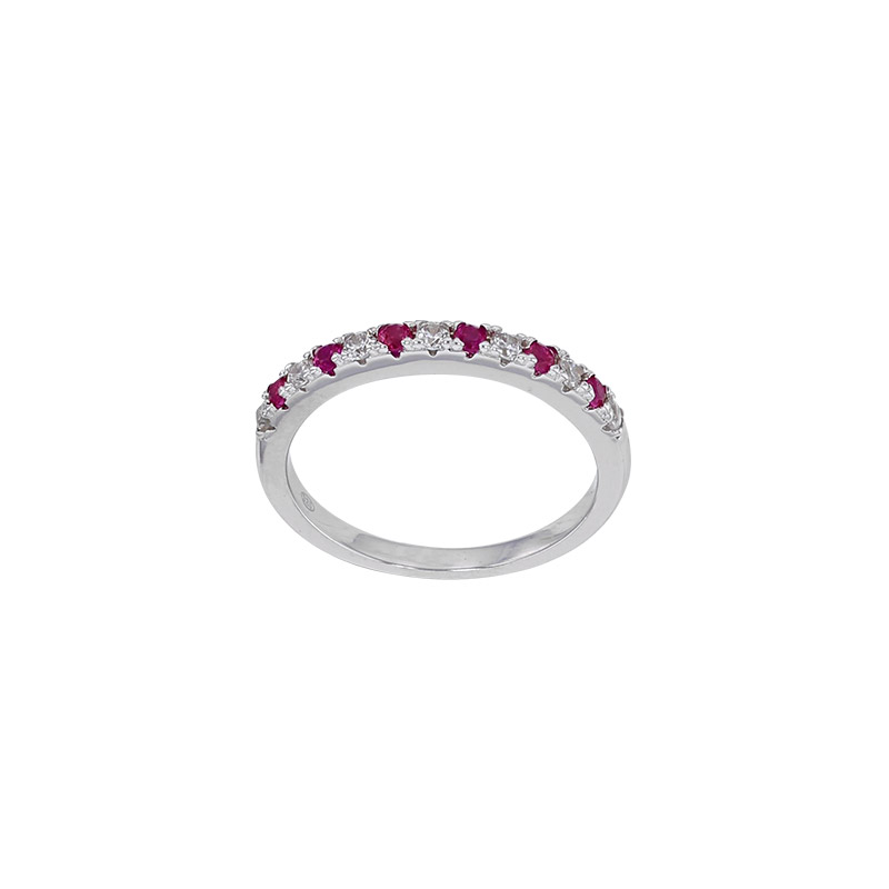 Demi-alliance oxydes blancs et bleu saphir, argent 925/1000 rhodié