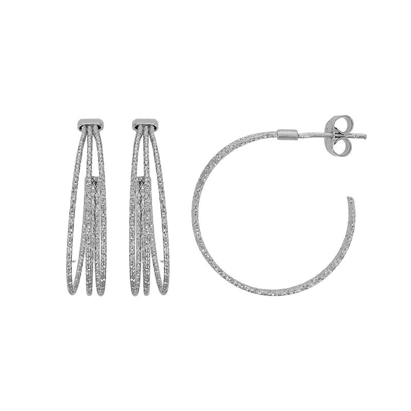 Demi-créoles 3 rangs aspect diamanté en argent 925/1000 rhodié