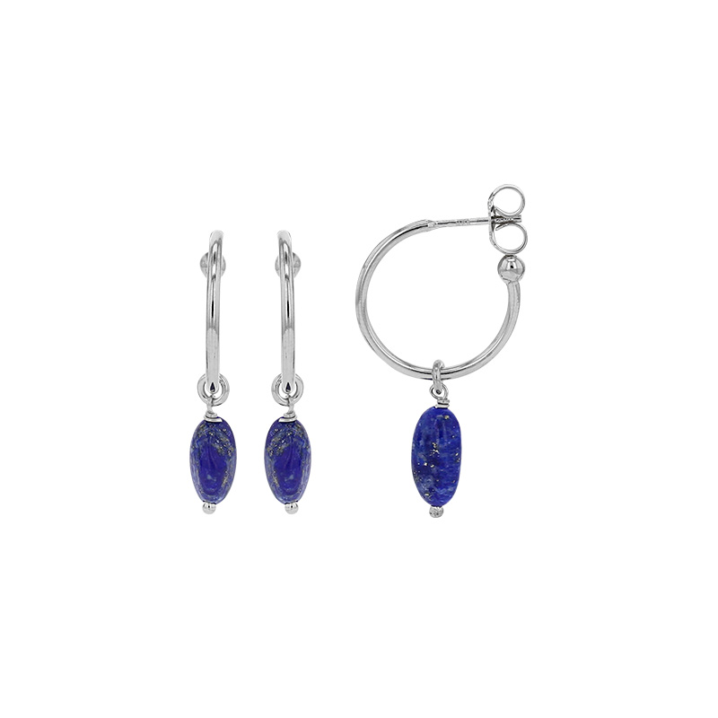 Demi-créoles ornées d'une pierre de Lapis-lazuli, argent 925/1000 platiné