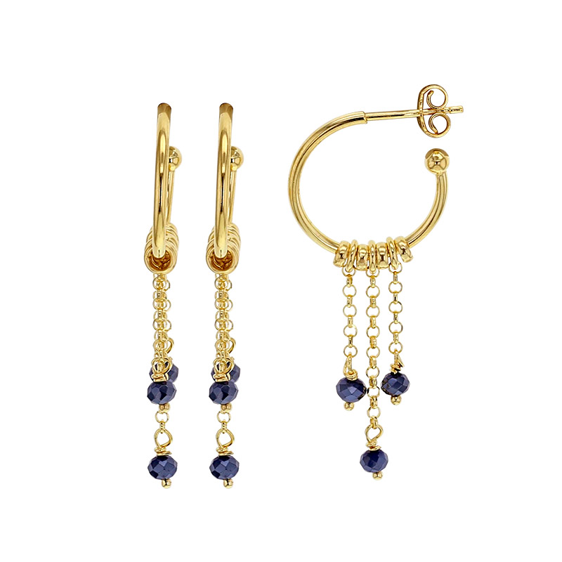 Demi-créoles ornées de chaînettes avec perles de verre bleu nuit, argent 925/1000 doré