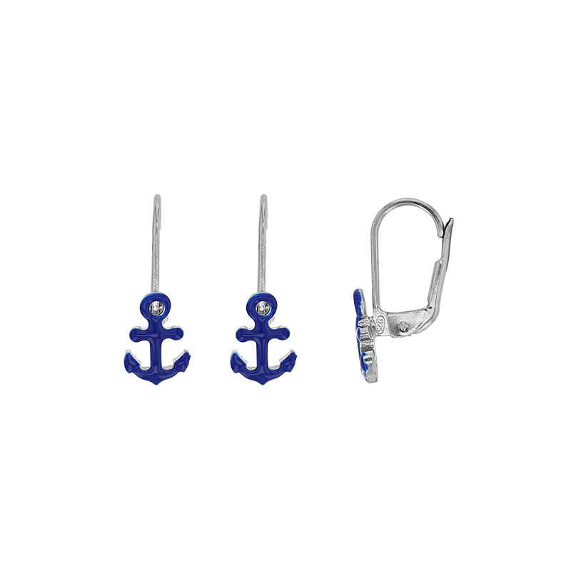 Dormeuses ancre émaillée bleu marine, argent 925/1000 rhodié