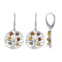 Dormeuses arbre de vie ambre cognac, miel et gris argent 925/1000 rhodié
