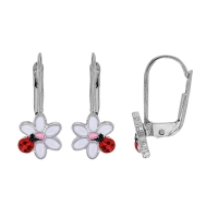 Dormeuses coccinelle sur fleur émail multicolore, argent 925/1000 rhodié