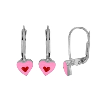Dormeuses coeurs émail rose rouge et argent 925/1000 rhodié