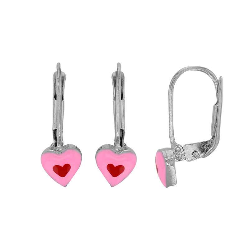 Dormeuses coeurs émail rose rouge et argent 925/1000 rhodié