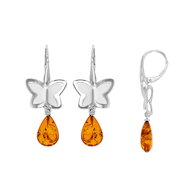 Dormeuses double papillons argent 925/1000 rhodié avec pierre ambre cognac