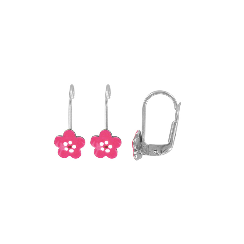 Dormeuses fleur, émail fuchsia en argent rhodié 925/1000