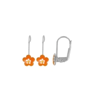 Dormeuses Fleur, émail orange et blanc, Argent 925/1000 rhodié