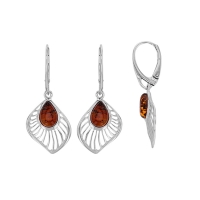 Dormeuses forme feuille ajourée, ambre cognac en argent 925/1000 rhodié