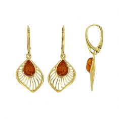 Dormeuses forme feuille ajourée, ambre cognac en argent 925/1000 rhodié