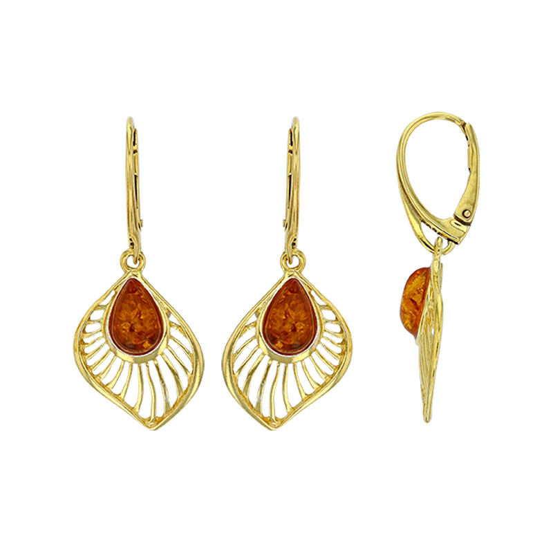 Dormeuses forme feuille, Ambre cognac en argent 925/1000 doré