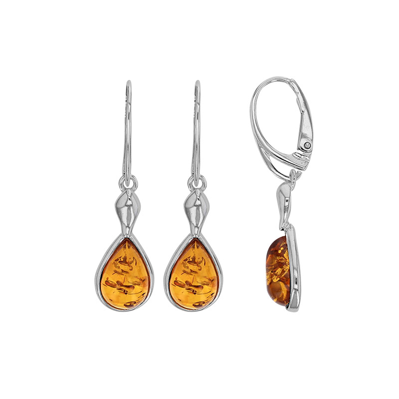 Dormeuses forme goutte, ambre cognac argent 925/1000 rhodié
