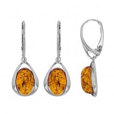 Dormeuses forme ovale ajourée ambres cognac, argent 925/1000 rhodié