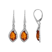 Dormeuses losange forme goutte ambre cognac, argent 925/1000 rhodié