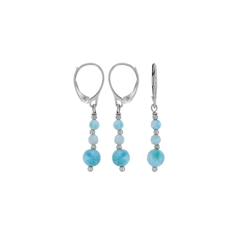 Dormeuses ornées de 3 pierres Larimar, argent 925/1000 platiné